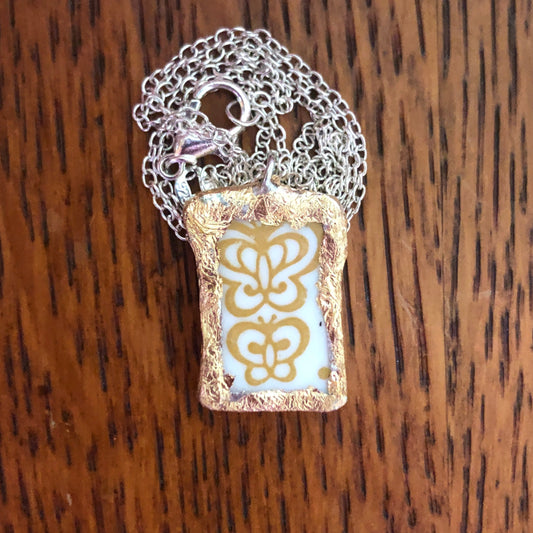 Broken Plate Artisan Made Pendant Corelle Butterfly Gold Plate Handcrafted Necklace 5/8in x 1in