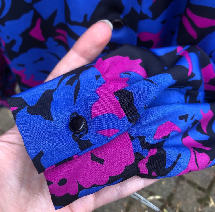 Blue and purple 1980’s vintage button up shirt adorable bow