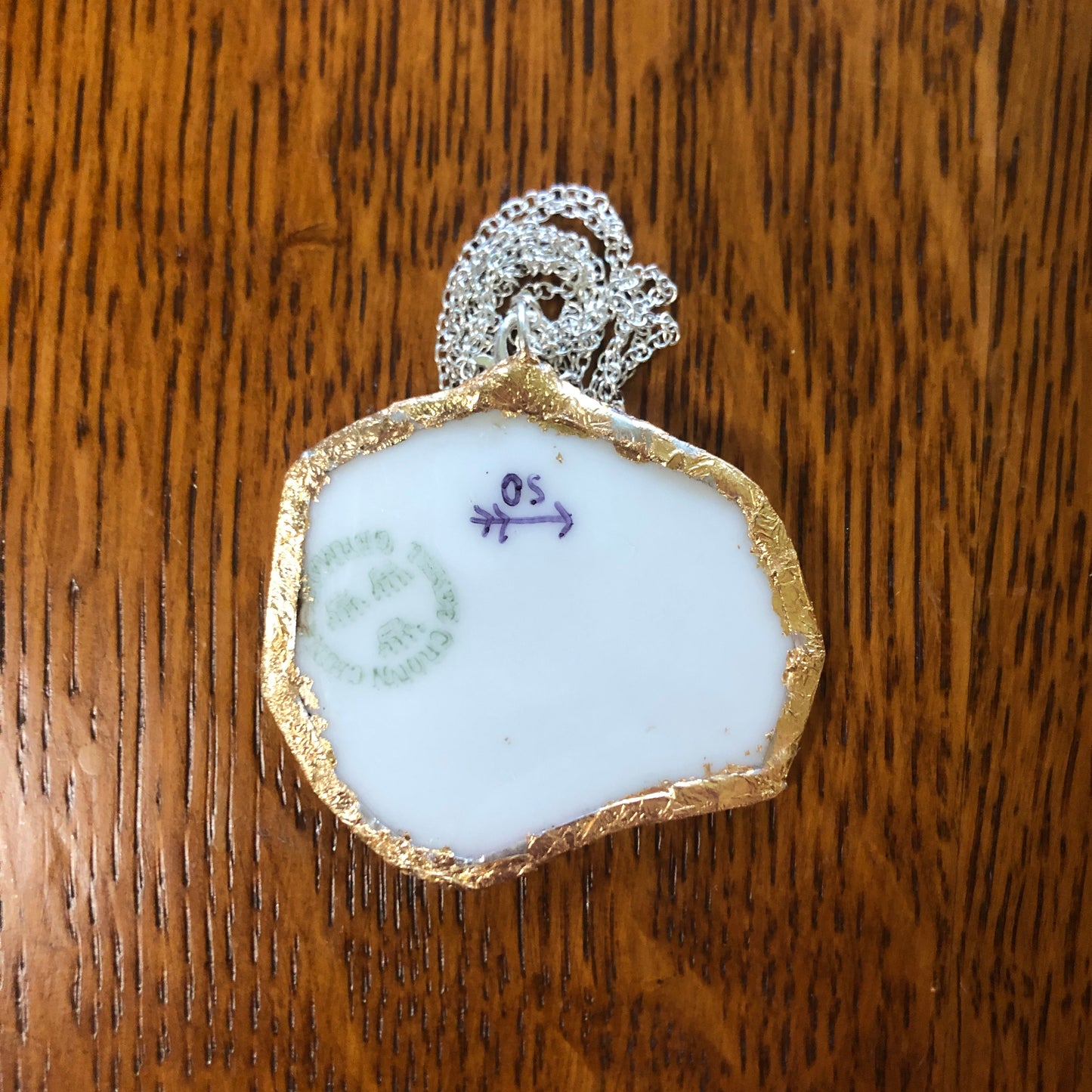 Broken Pottery Artisan Made Apple Pendent Three Crown China Plate Handcrafted Necklace 2in x 1.75in
