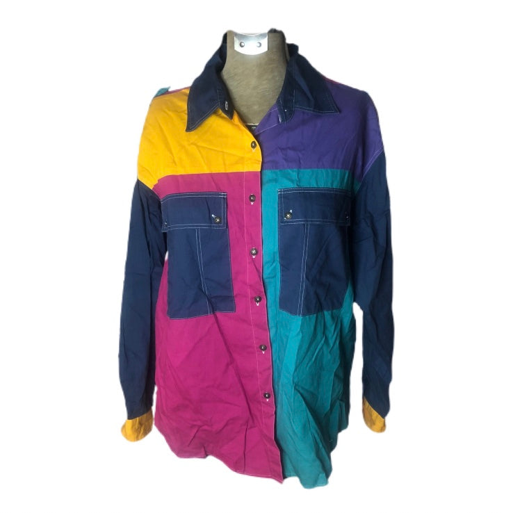 Styles To Go Brand 80’s Color Block Button Up Vibrant Yellow Purple Pink Teal