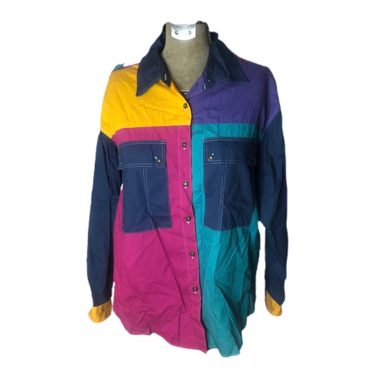 Styles To Go Brand 80’s Color Block Button Up Vibrant Yellow Purple Pink Teal