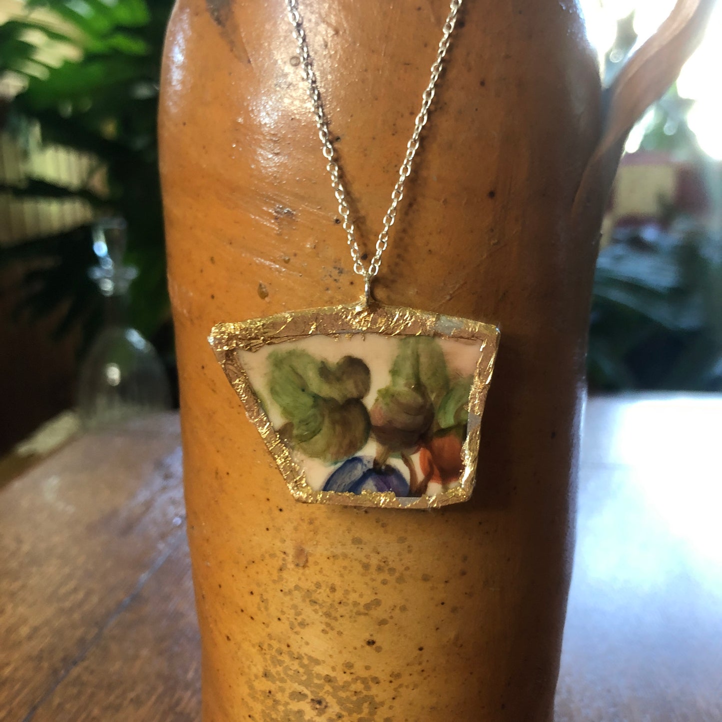 Broken Pottery Artisan Made Plum Pendant J & C Bavaria Plate Handcrafted Necklace 1.75in x 1.25in