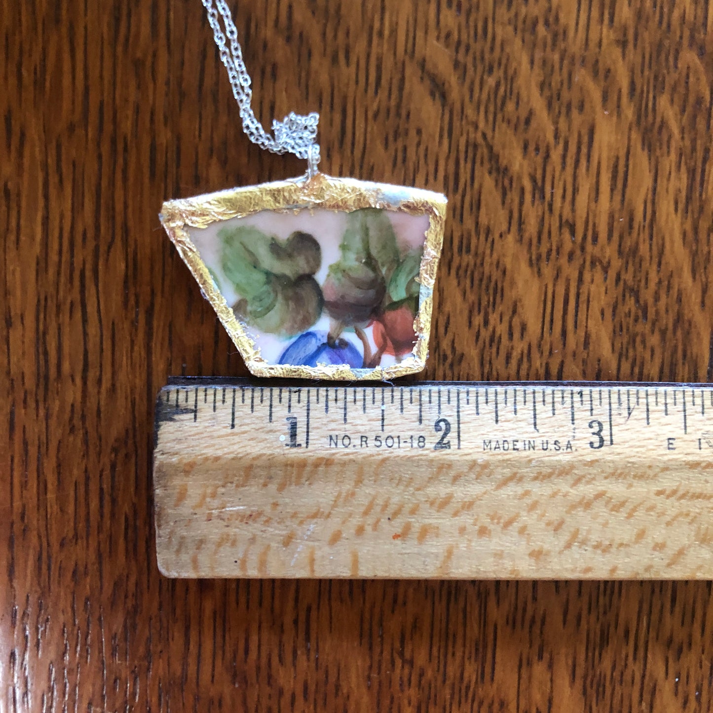 Broken Pottery Artisan Made Plum Pendant J & C Bavaria Plate Handcrafted Necklace 1.75in x 1.25in