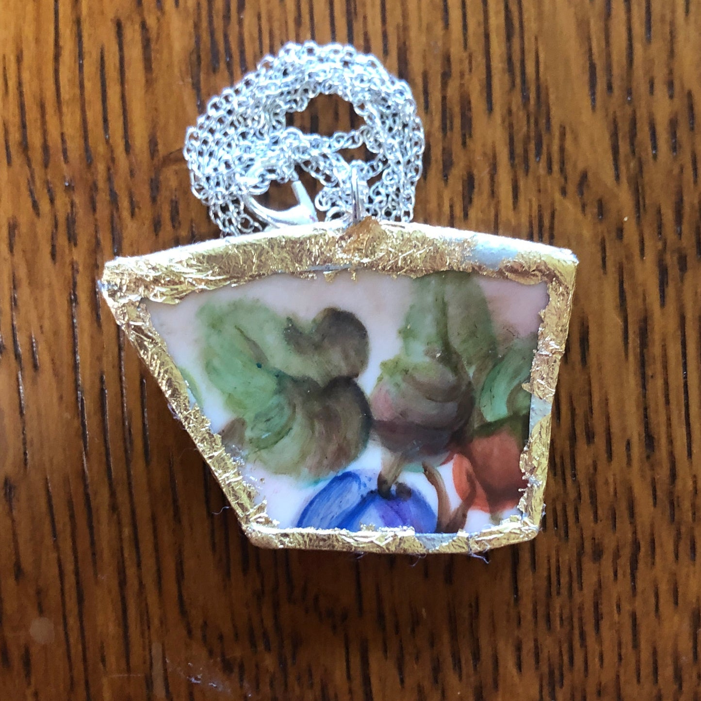 Broken Pottery Artisan Made Plum Pendant J & C Bavaria Plate Handcrafted Necklace 1.75in x 1.25in