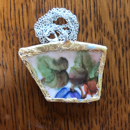 Broken Pottery Artisan Made Plum Pendant J & C Bavaria Plate Handcrafted Necklace 1.75in x 1.25in