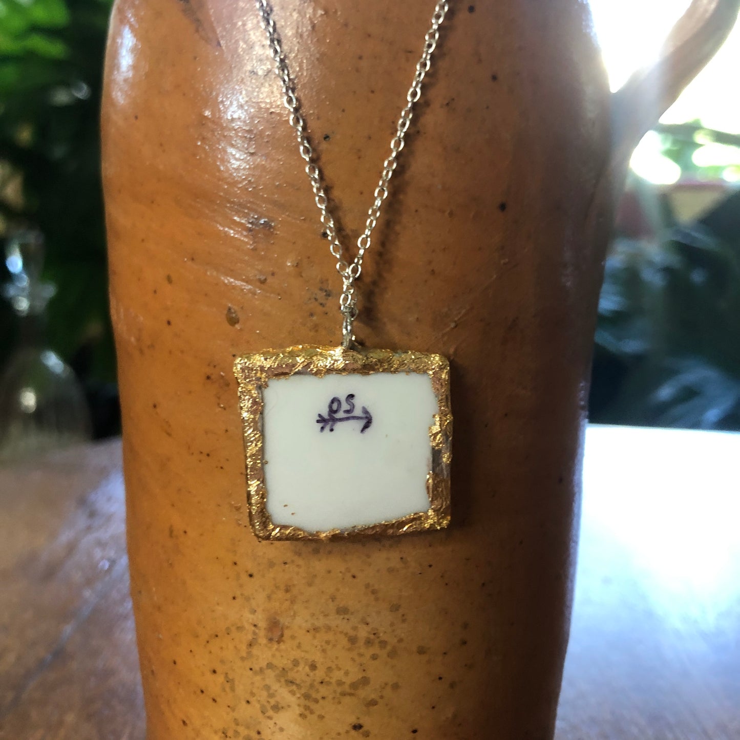 Broken Pottery Artisan Made Sunset Pendant Three Crown China Plate Handcrafted Necklace 1.25in x 1in