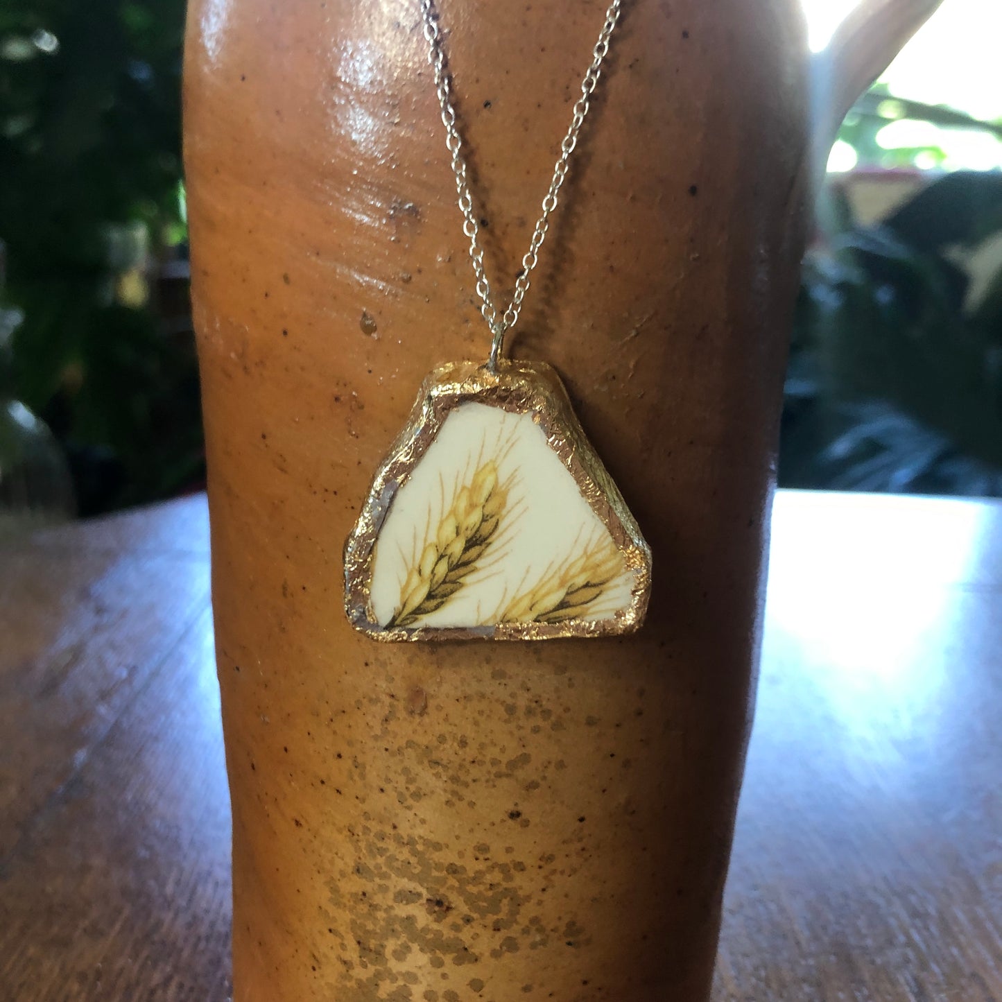 Broken Pottery Artisan Made Wheat Pendant Royal China Plate Handcrafted Necklace 1.5in x 1.25in