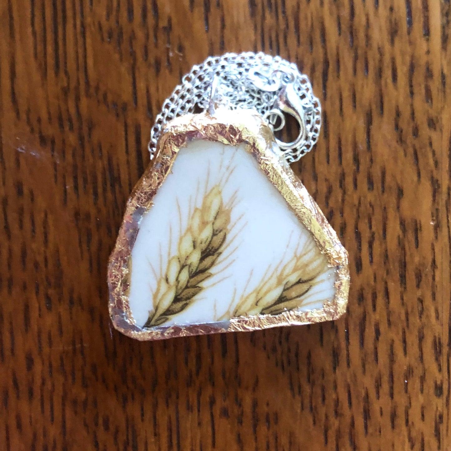 Broken Pottery Artisan Made Wheat Pendant Royal China Plate Handcrafted Necklace 1.5in x 1.25in