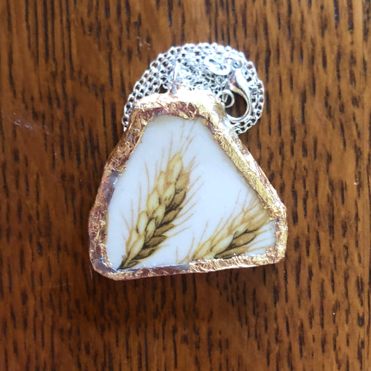 Broken Pottery Artisan Made Wheat Pendant Royal China Plate Handcrafted Necklace 1.5in x 1.25in