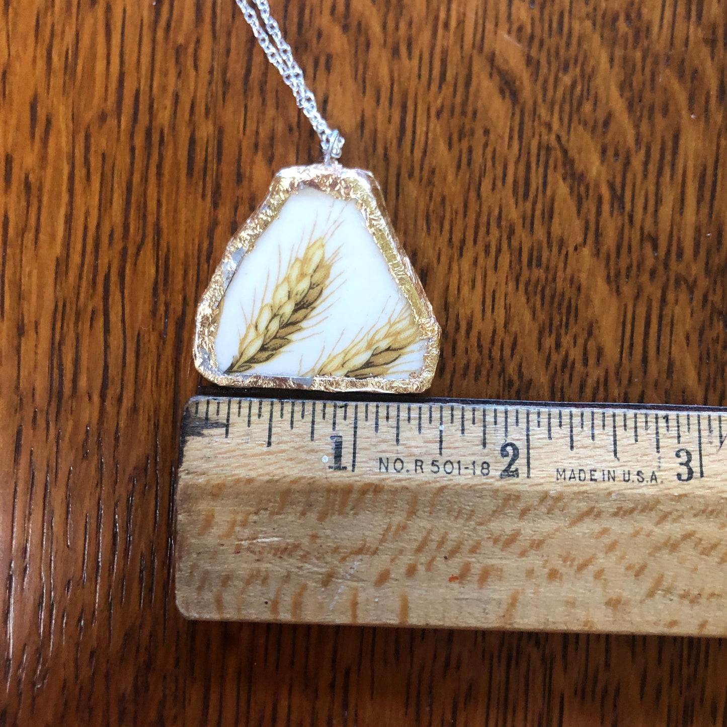 Broken Pottery Artisan Made Wheat Pendant Royal China Plate Handcrafted Necklace 1.5in x 1.25in