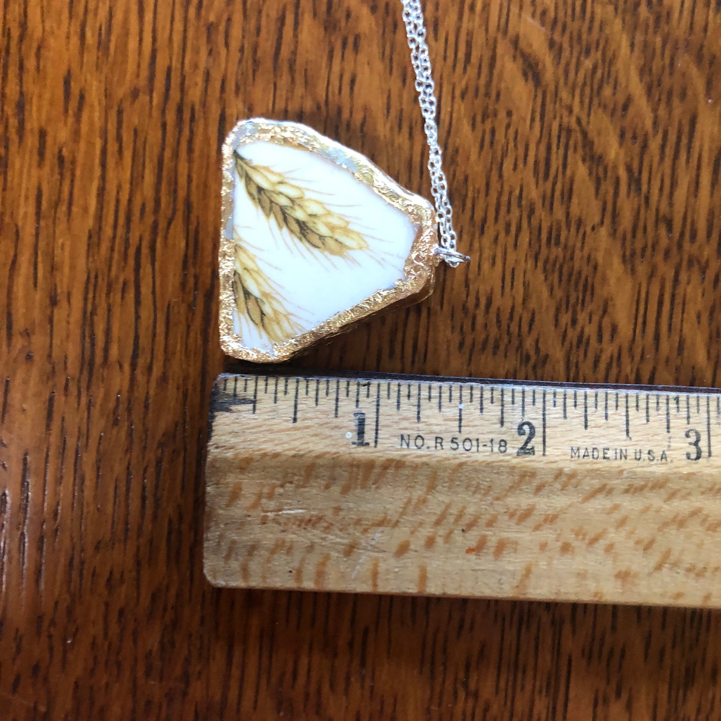 Broken Pottery Artisan Made Wheat Pendant Royal China Plate Handcrafted Necklace 1.5in x 1.25in