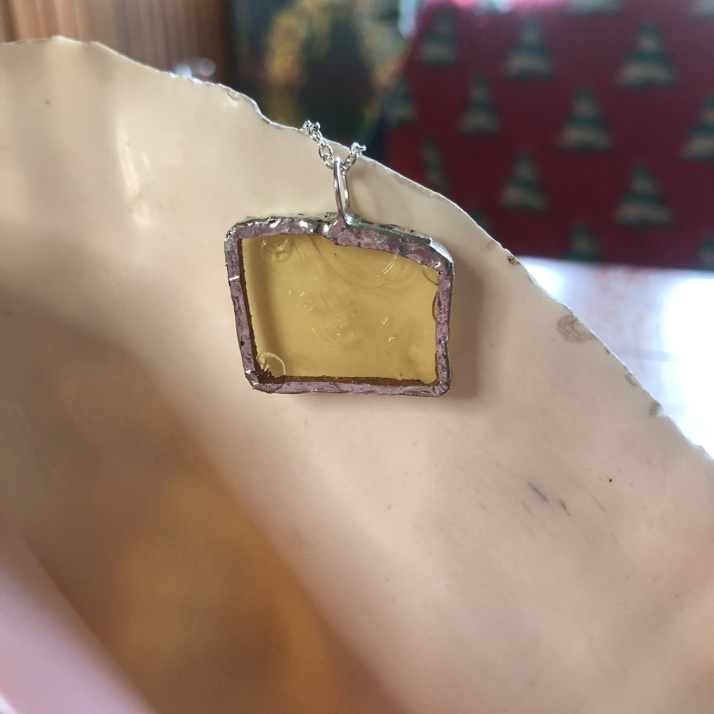Artisan Made Pendant Yellow Depression Glass Plate Handcrafted Necklace 1 in x 7/8 in