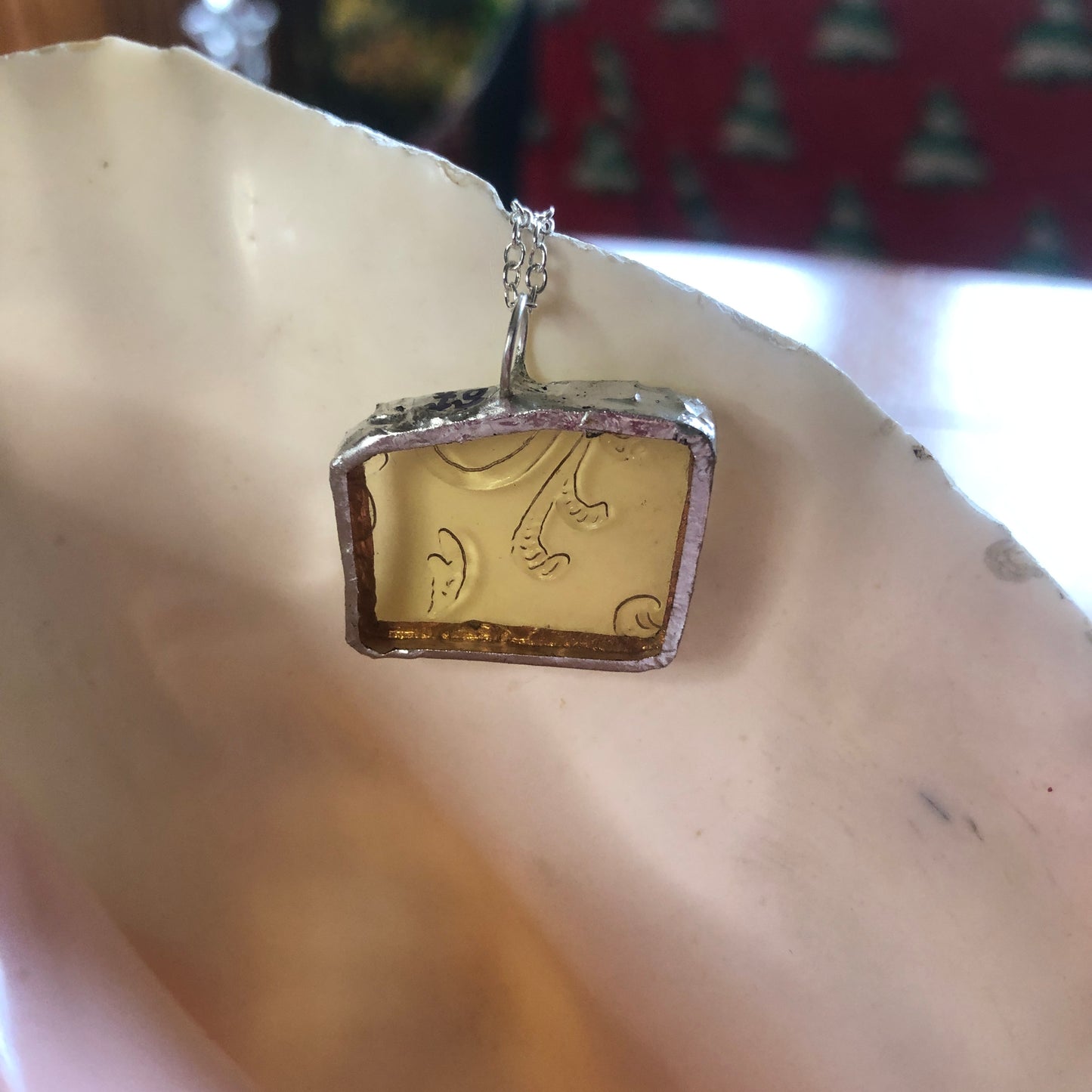 Artisan Made Pendant Yellow Depression Glass Plate Handcrafted Necklace 1 in x 7/8 in