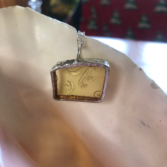 Artisan Made Pendant Yellow Depression Glass Plate Handcrafted Necklace 1 in x 7/8 in