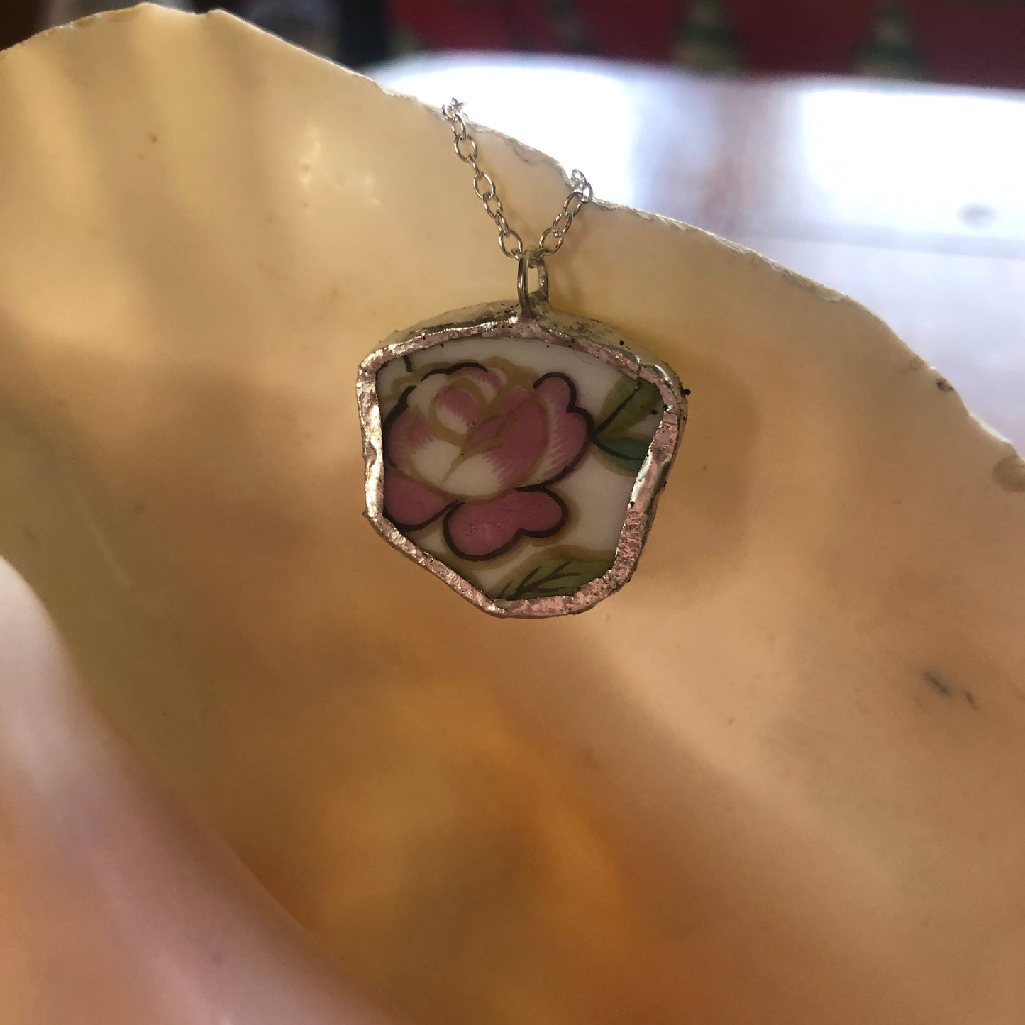 Broken Pottery Artisan Made Pendant Aladdin Fine China Fantasia Occupied Japan Plate Handcrafted Necklace 1 in x 1 in