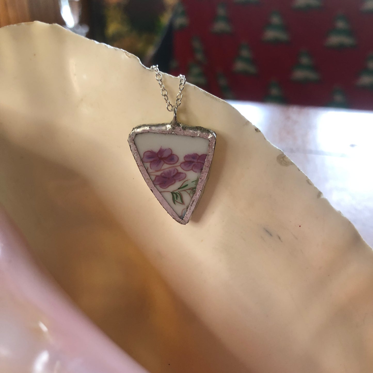 Broken Pottery Artisan Made Pendant Floral Plate Handcrafted Necklace 7/8 in x 1 1/8 in