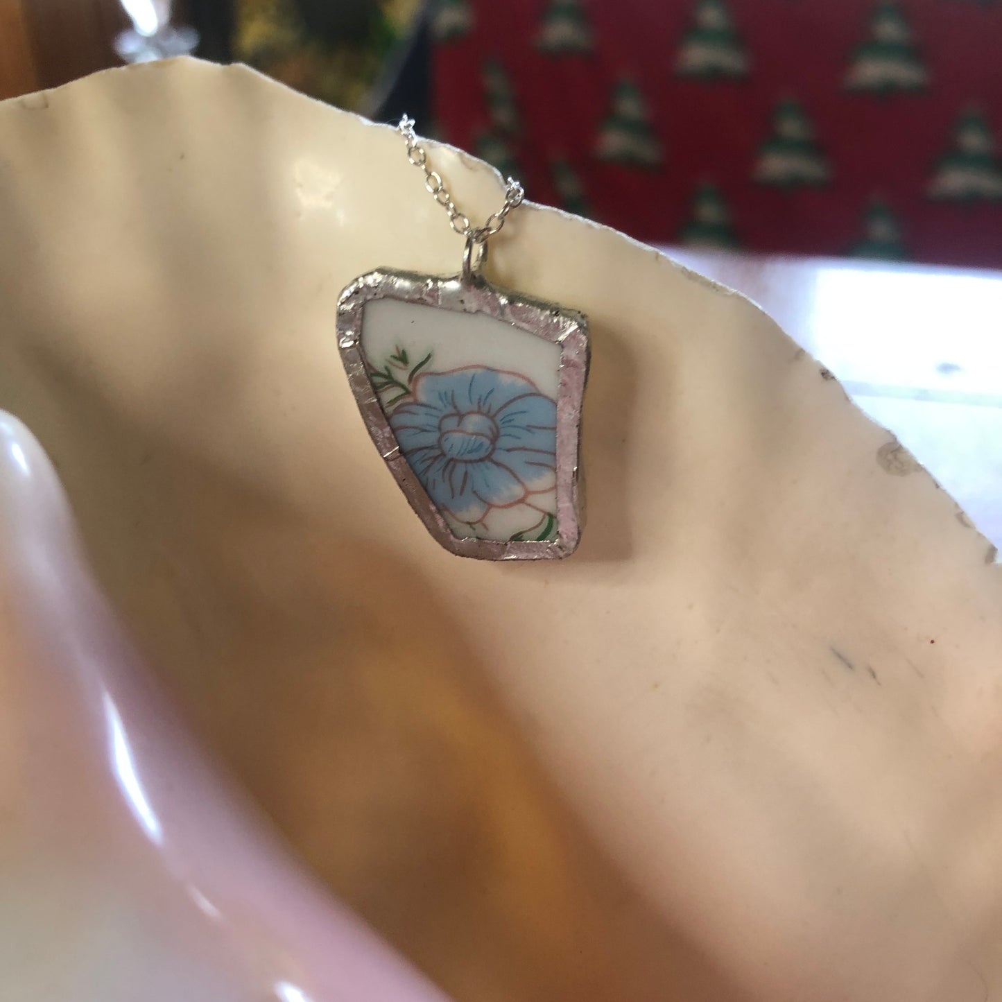 Broken Pottery Artisan Made Pendant Floral Plate Handcrafted Necklace 7/8 in x 1 in