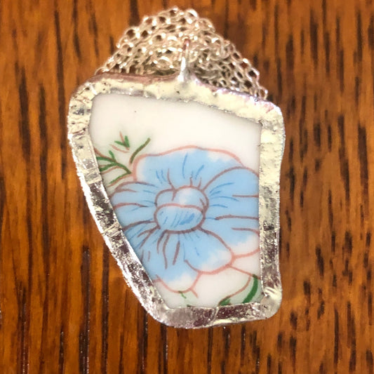 Broken Pottery Artisan Made Pendant Floral Plate Handcrafted Necklace 7/8 in x 1 in