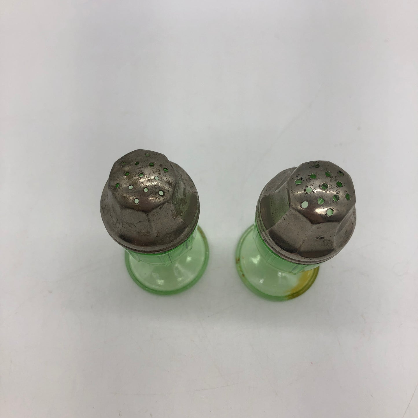 Hazel-Atlas S &P Uranium Glass Green Salt Pepper Shakers Pedestal 1930's Glows