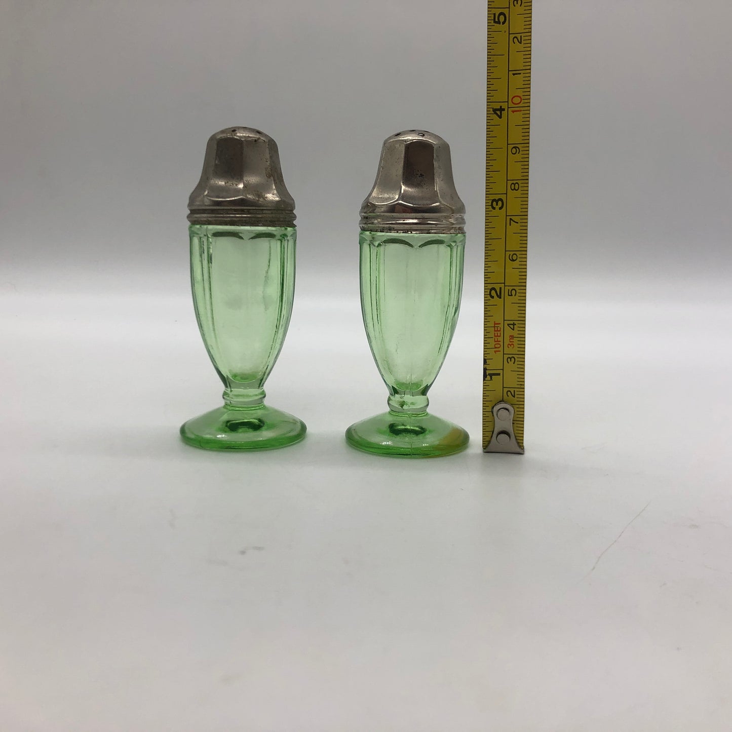 Hazel-Atlas S &P Uranium Glass Green Salt Pepper Shakers Pedestal 1930's Glows