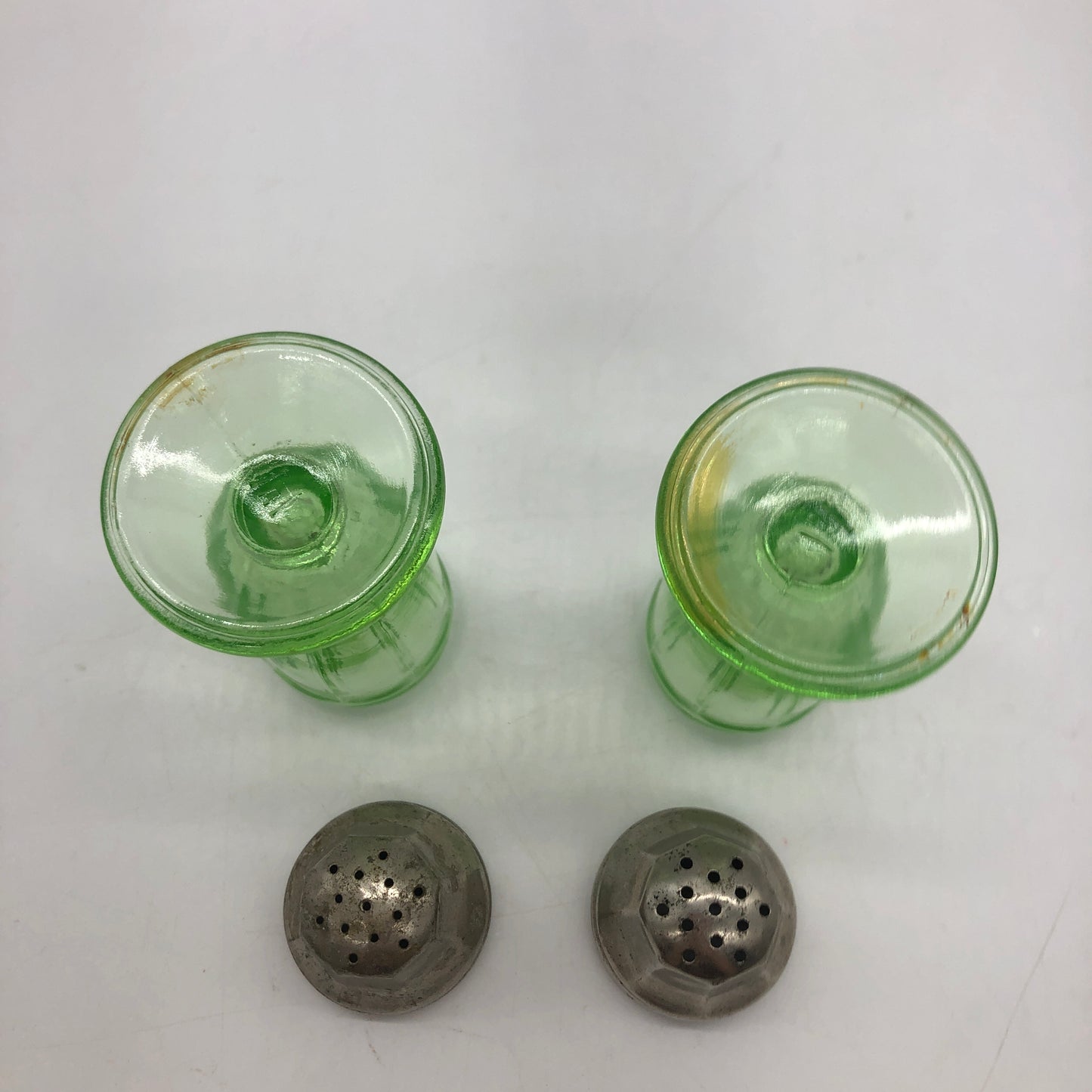 Hazel-Atlas S &P Uranium Glass Green Salt Pepper Shakers Pedestal 1930's Glows