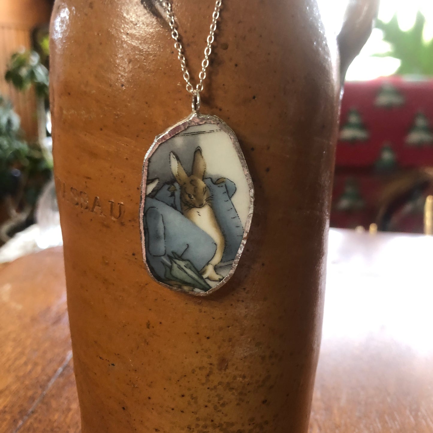 Broken Pottery Artisan Made Pendant Wedgwood Peter Rabbit Collector Plate Handcrafted Necklace 1 1/8 in x 1.75 in