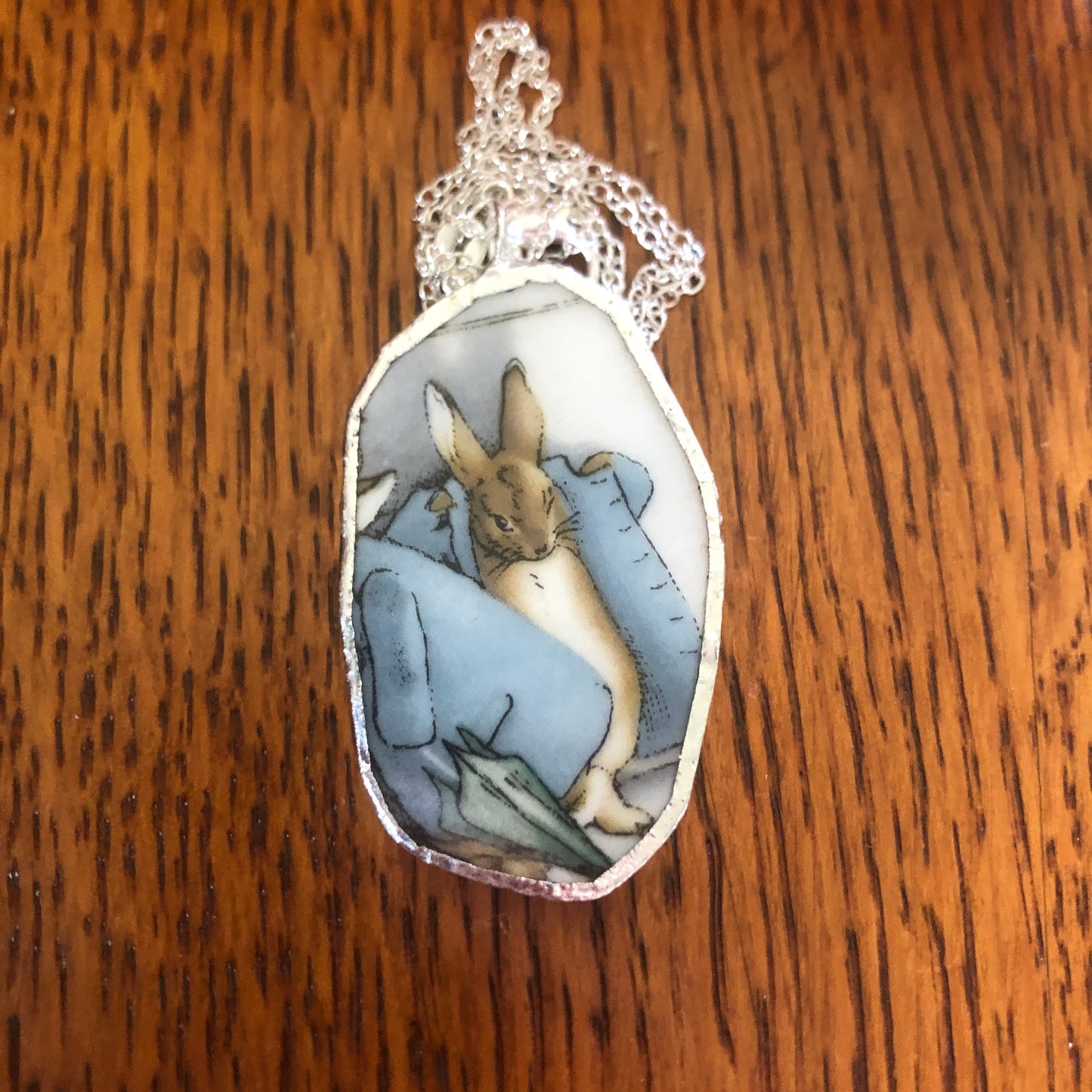 Broken Pottery Artisan Made Pendant Wedgwood Peter Rabbit Collector Plate Handcrafted Necklace 1 1/8 in x 1.75 in