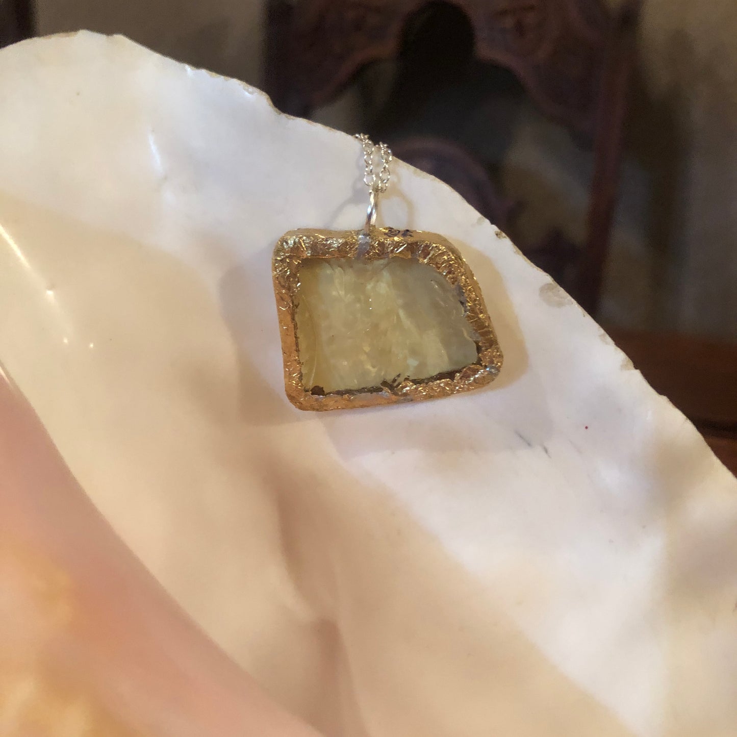 Artisan Made Pendant Yellow Depression Glass Plate Handcrafted Necklace 1.25 in x 1 in