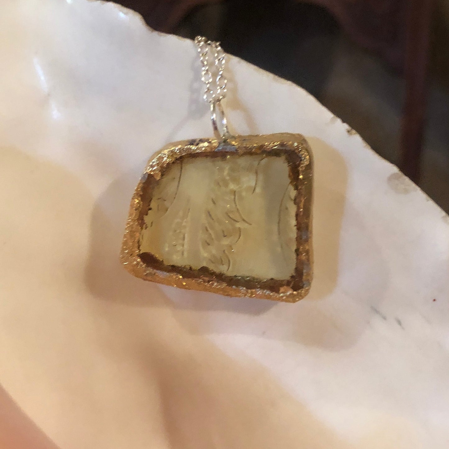Artisan Made Pendant Yellow Depression Glass Plate Handcrafted Necklace 1.25 in x 1 in