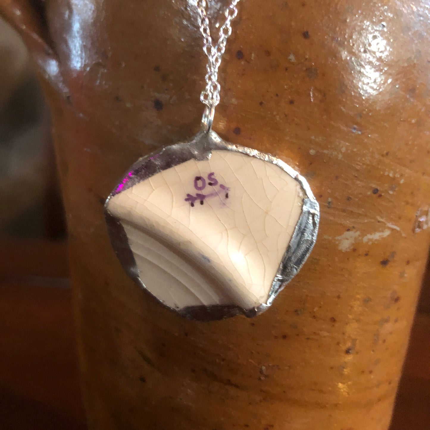 Broken Pottery Artisan Made Pendant Unbranded Blue Floral Plate Handcrafted Necklace 1.25 in x 1.5 in