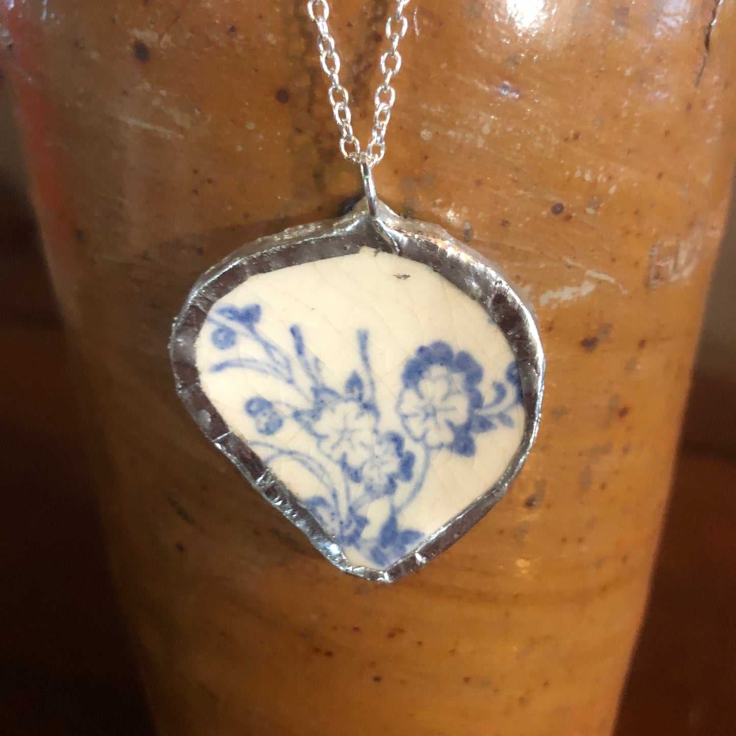 Broken Pottery Artisan Made Pendant Unbranded Blue Floral Plate Handcrafted Necklace 1.25 in x 1.5 in
