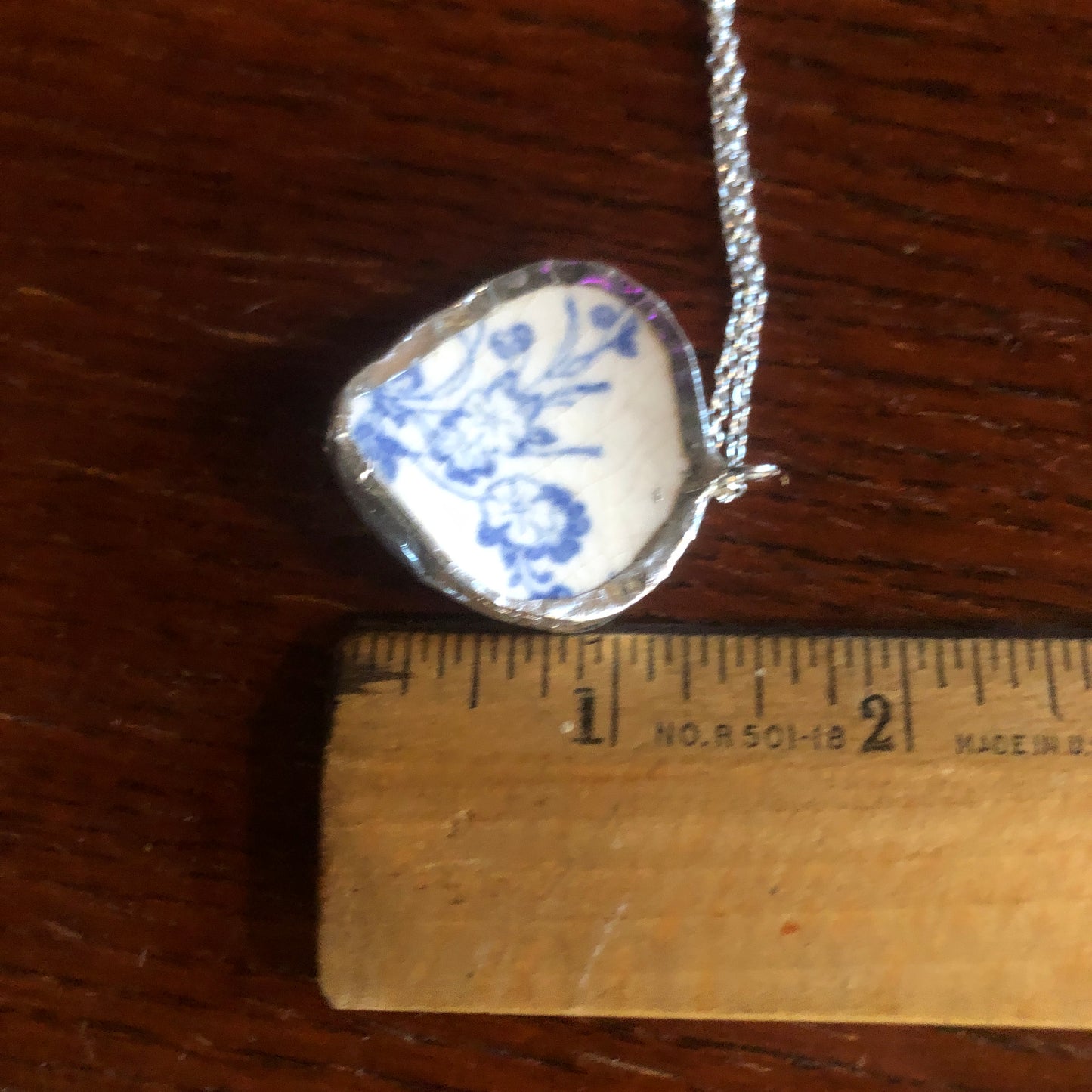 Broken Pottery Artisan Made Pendant Unbranded Blue Floral Plate Handcrafted Necklace 1.25 in x 1.5 in