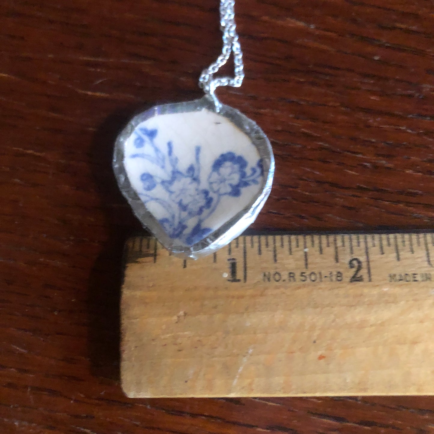 Broken Pottery Artisan Made Pendant Unbranded Blue Floral Plate Handcrafted Necklace 1.25 in x 1.5 in