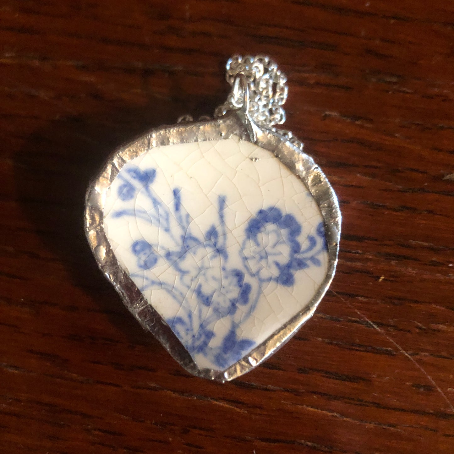 Broken Pottery Artisan Made Pendant Unbranded Blue Floral Plate Handcrafted Necklace 1.25 in x 1.5 in