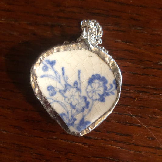 Broken Pottery Artisan Made Pendant Unbranded Blue Floral Plate Handcrafted Necklace 1.25 in x 1.5 in