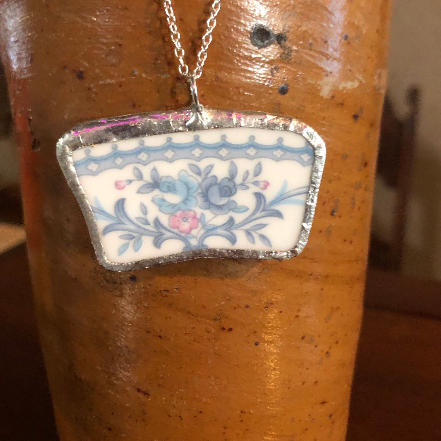 Broken Pottery Artisan Made Pendant Ekco International Made In Japan Plate Handcrafted Necklace 1 in x 1.75 in
