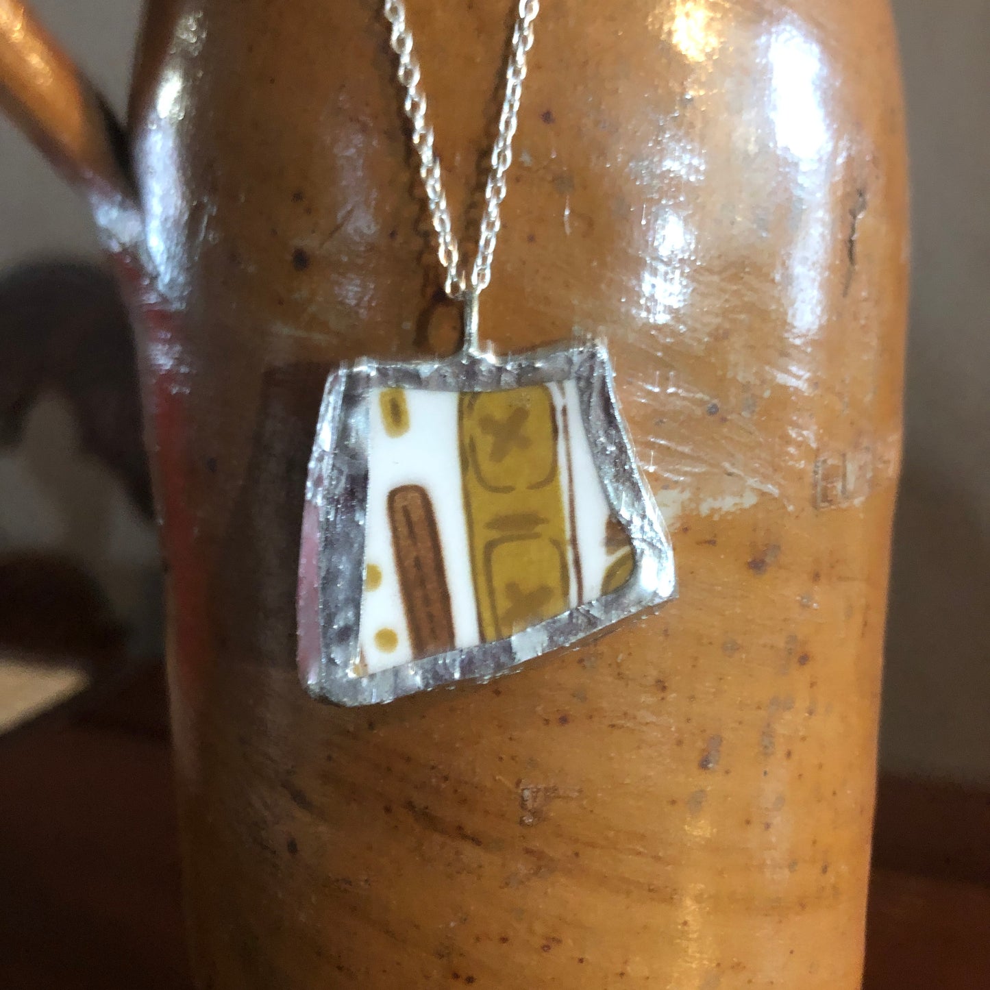 Broken Pottery Artisan Made Tiki Room Pendant Ceramic Guild Esperanto Plate Handcrafted Necklace 1.25 in x 1.25 in