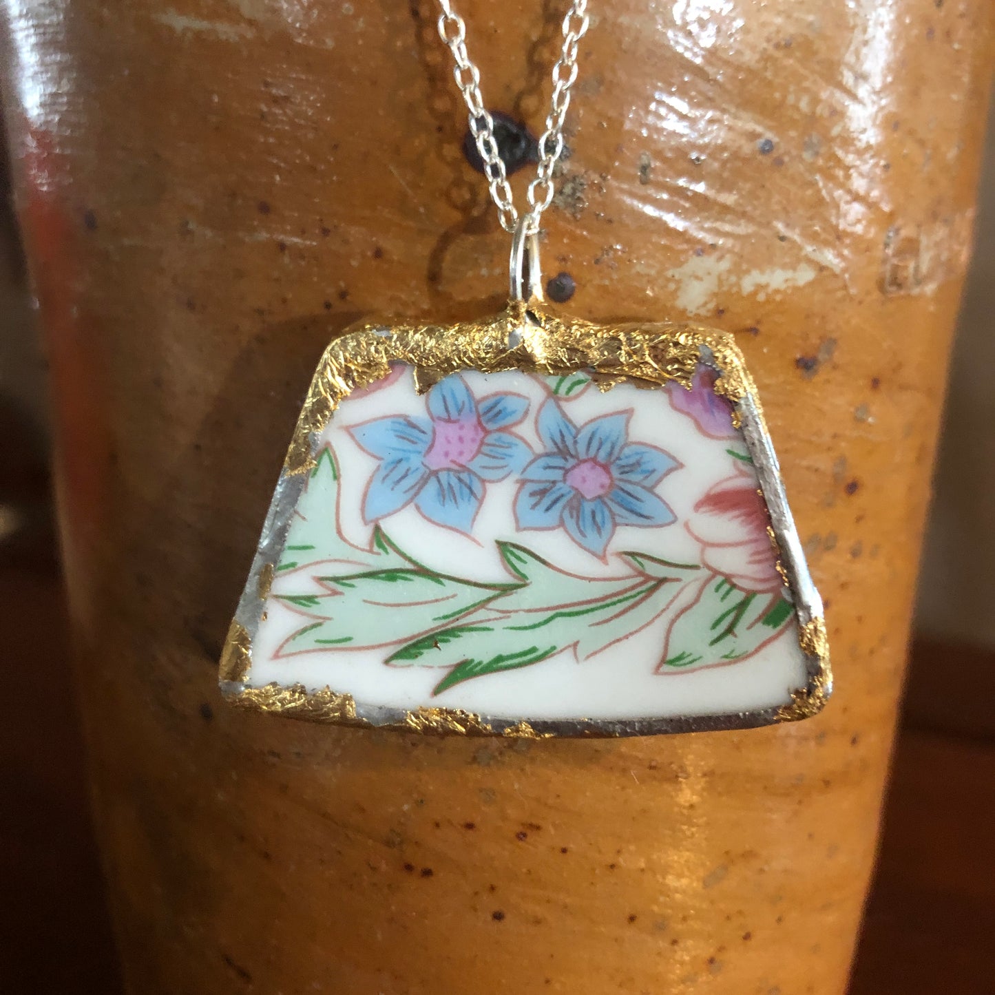 Broken Pottery Artisan Made Pendant Floral Plate Handcrafted Necklace 1.75 in x 1 in