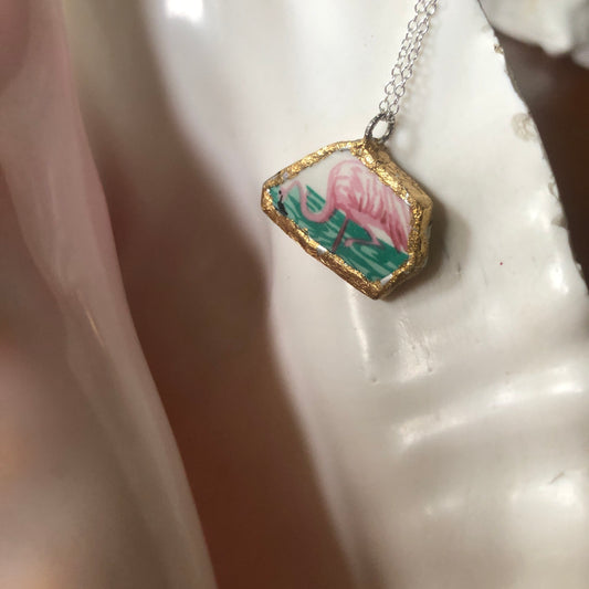 Broken Pottery Artisan Made Pendent Stoneware Flamingo Plate Handcrafted Necklace 1/2in x 1.25in