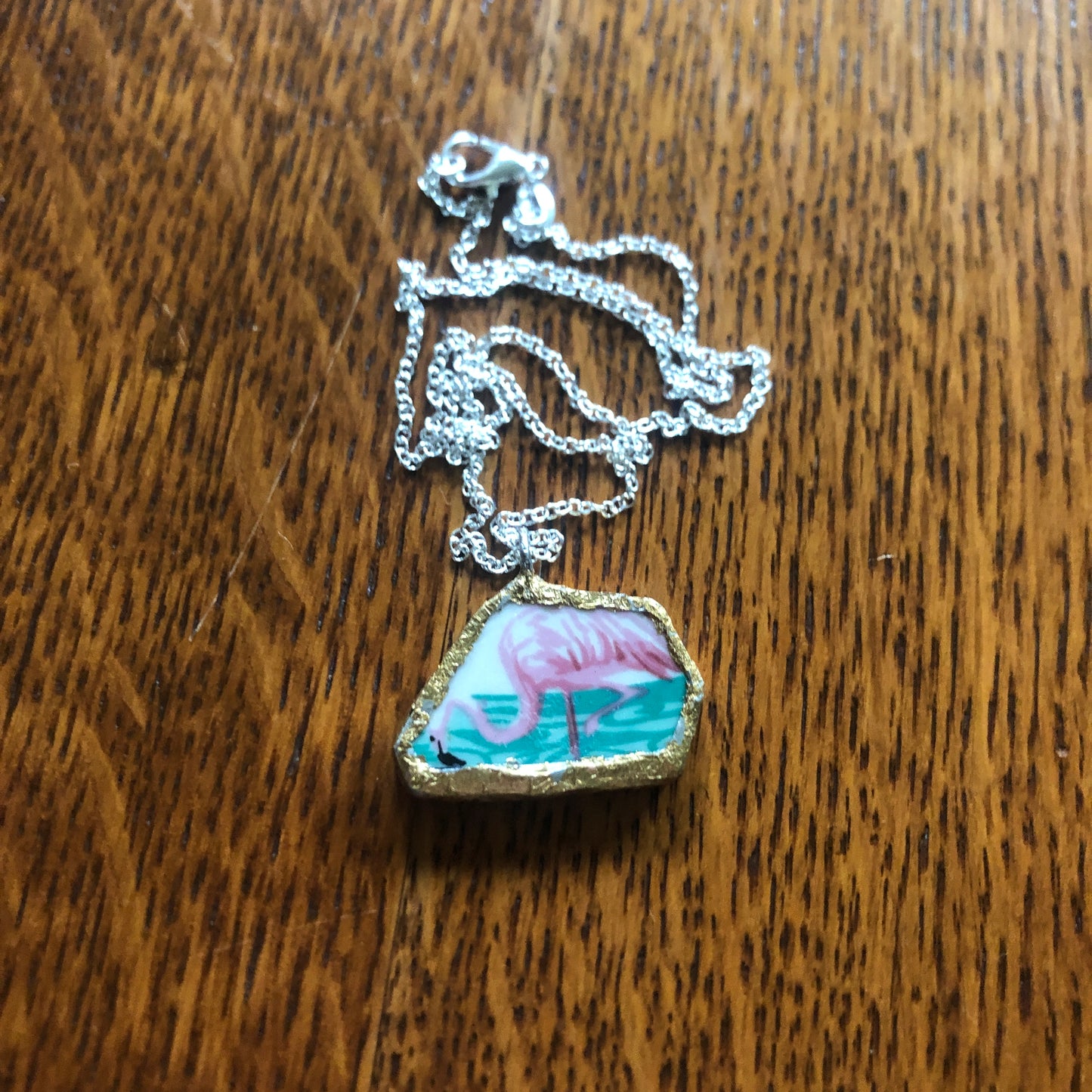 Broken Pottery Artisan Made Pendent Stoneware Flamingo Plate Handcrafted Necklace 1/2in x 1.25in