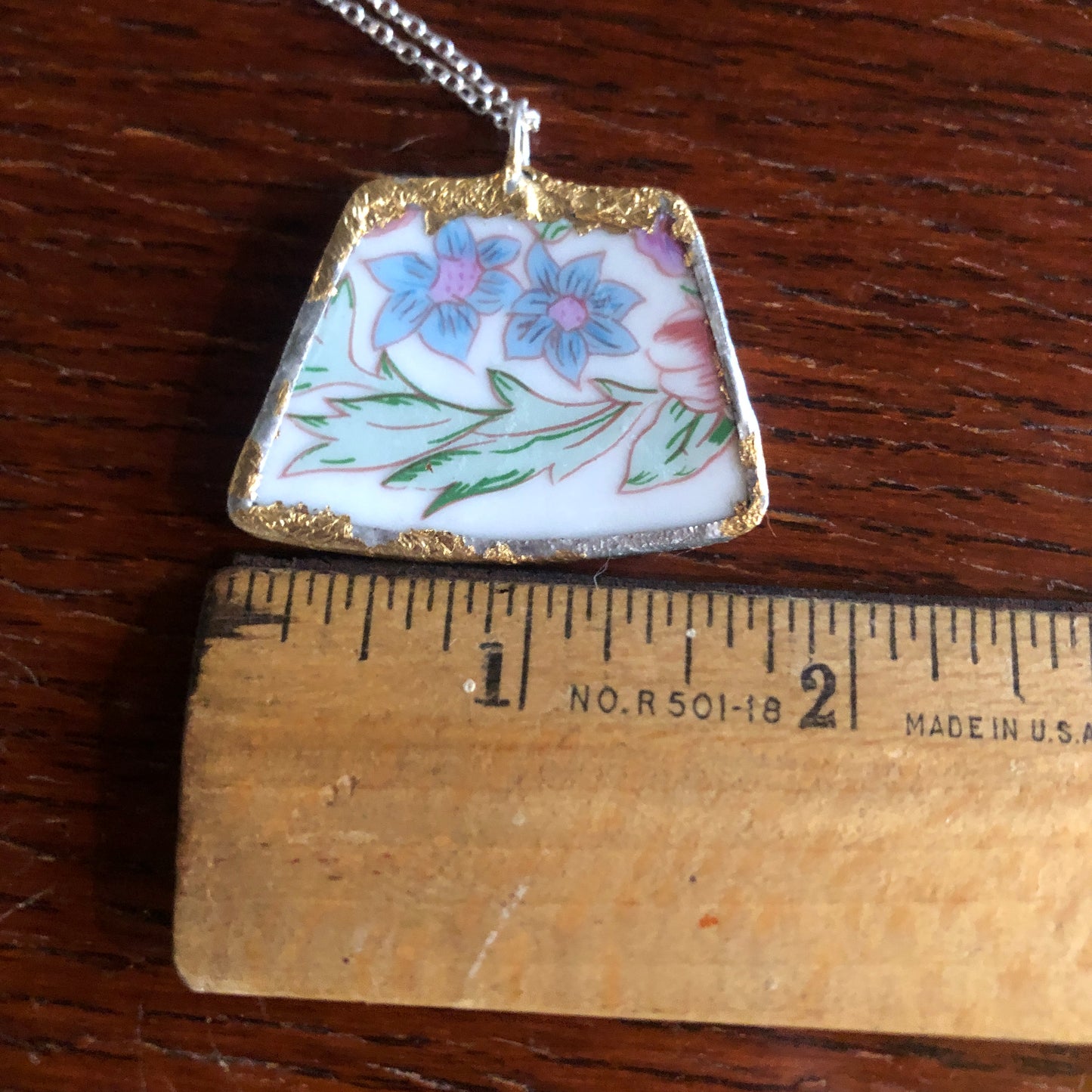 Broken Pottery Artisan Made Pendant Floral Plate Handcrafted Necklace 1.75 in x 1 in