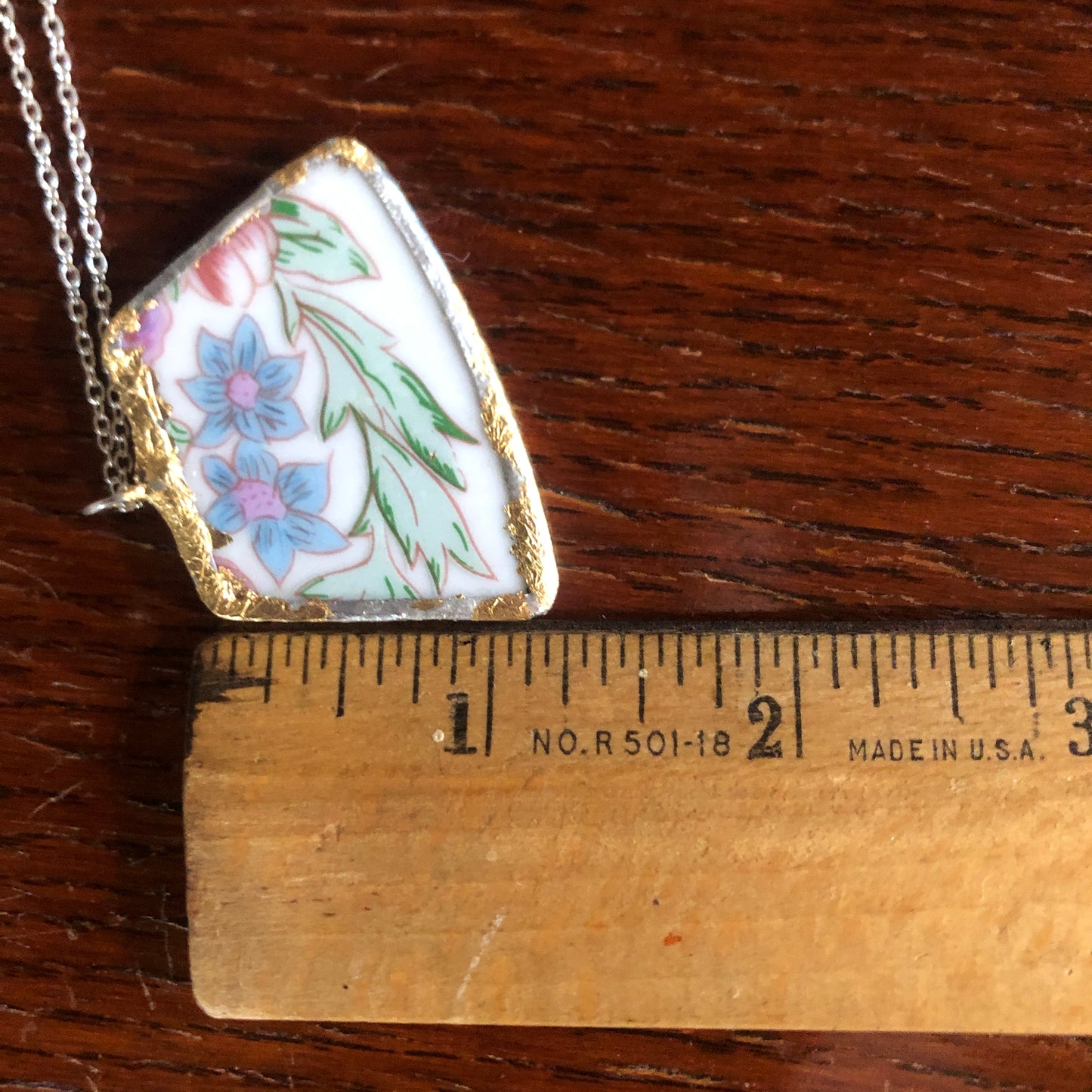 Broken Pottery Artisan Made Pendant Floral Plate Handcrafted Necklace 1.75 in x 1 in