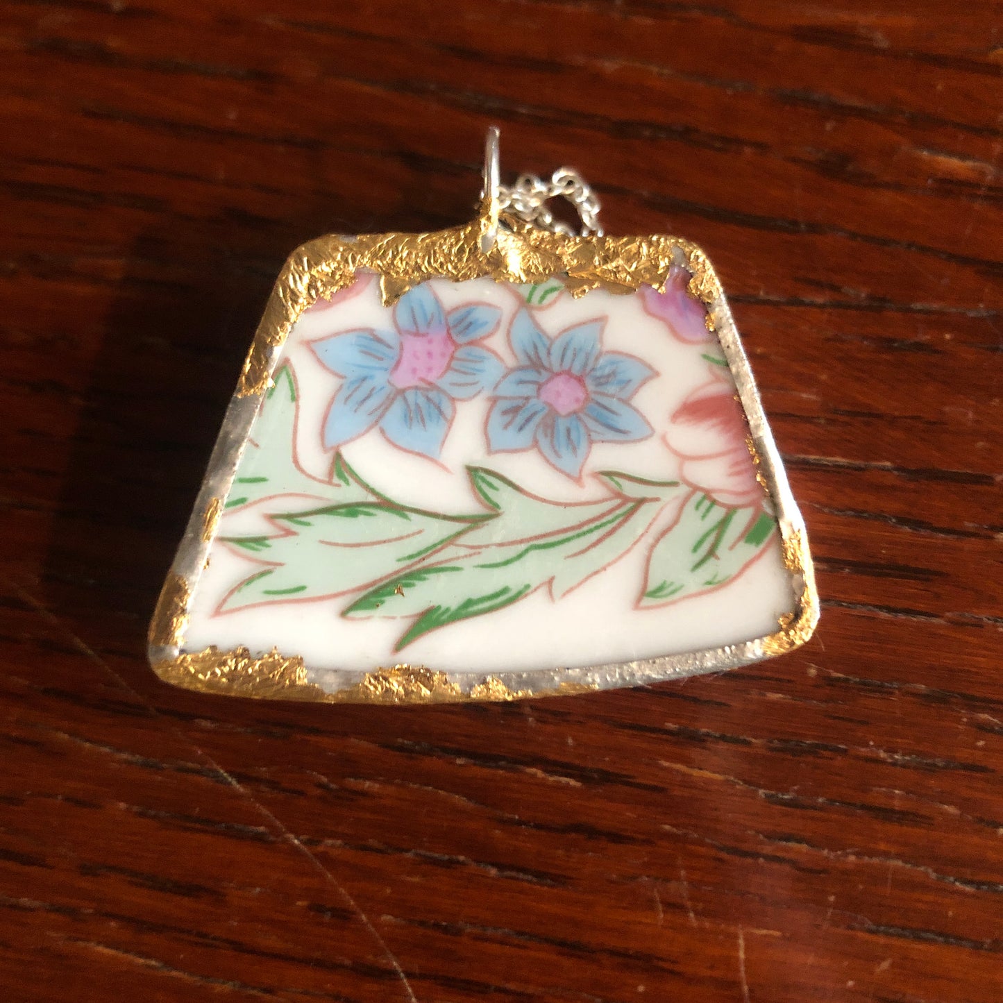Broken Pottery Artisan Made Pendant Floral Plate Handcrafted Necklace 1.75 in x 1 in