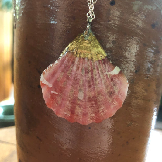 Pacific Pink Scallop Artisan Made Pendent Handcrafted Sea Shell Necklace 1.5in x 1.5in