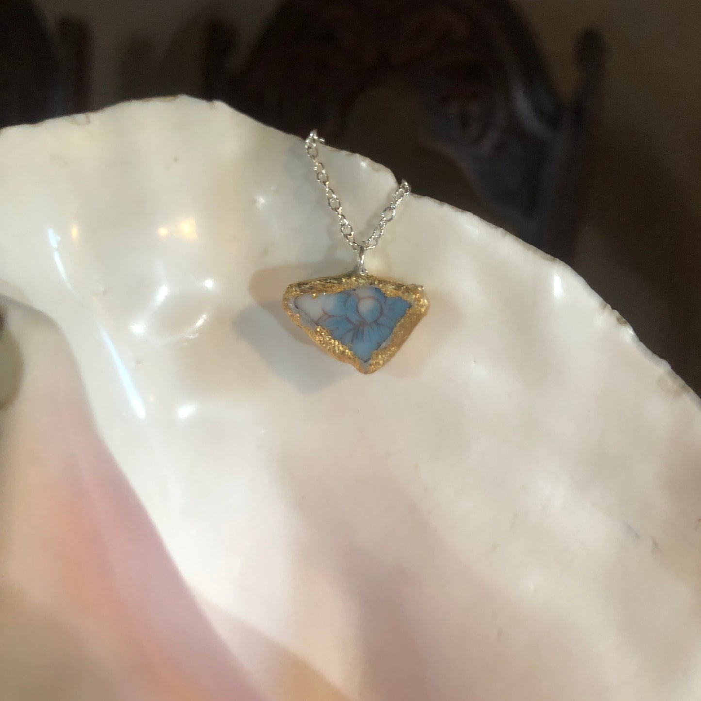Broken Pottery Artisan Made Pendant Floral Plate Handcrafted Necklace 3/4 in x 1/2 in