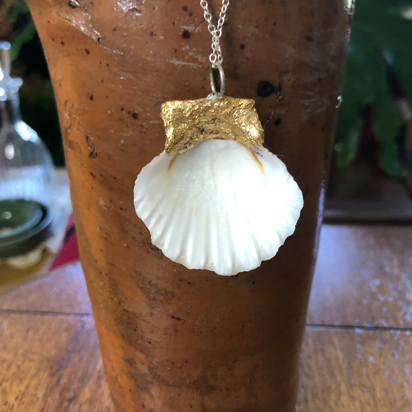 Light Yellow With a Touch of Pink Scallop Artisan Made Pendent Handcrafted Sea Shell Necklace 1 5/8in x 1 3/4in