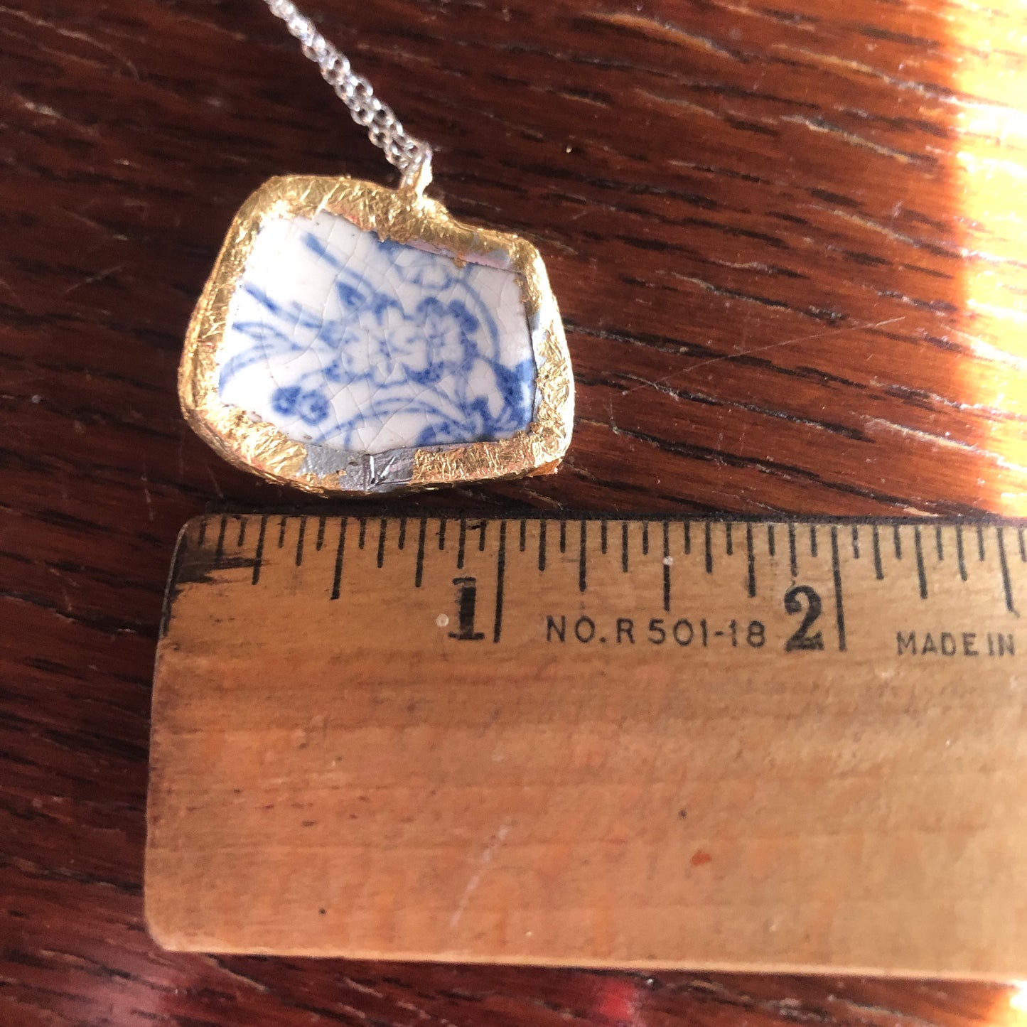 Broken Pottery Artisan Made Pendant Unbranded Blue Floral Plate Handcrafted Necklace 1.25 in x 1 in