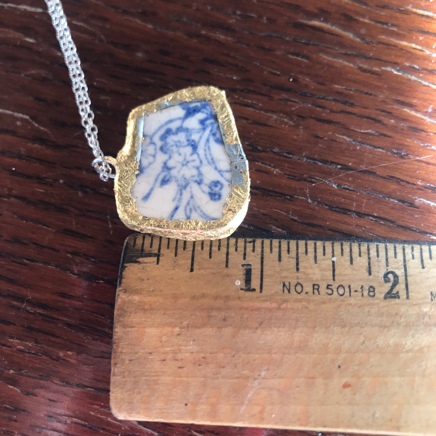 Broken Pottery Artisan Made Pendant Unbranded Blue Floral Plate Handcrafted Necklace 1.25 in x 1 in