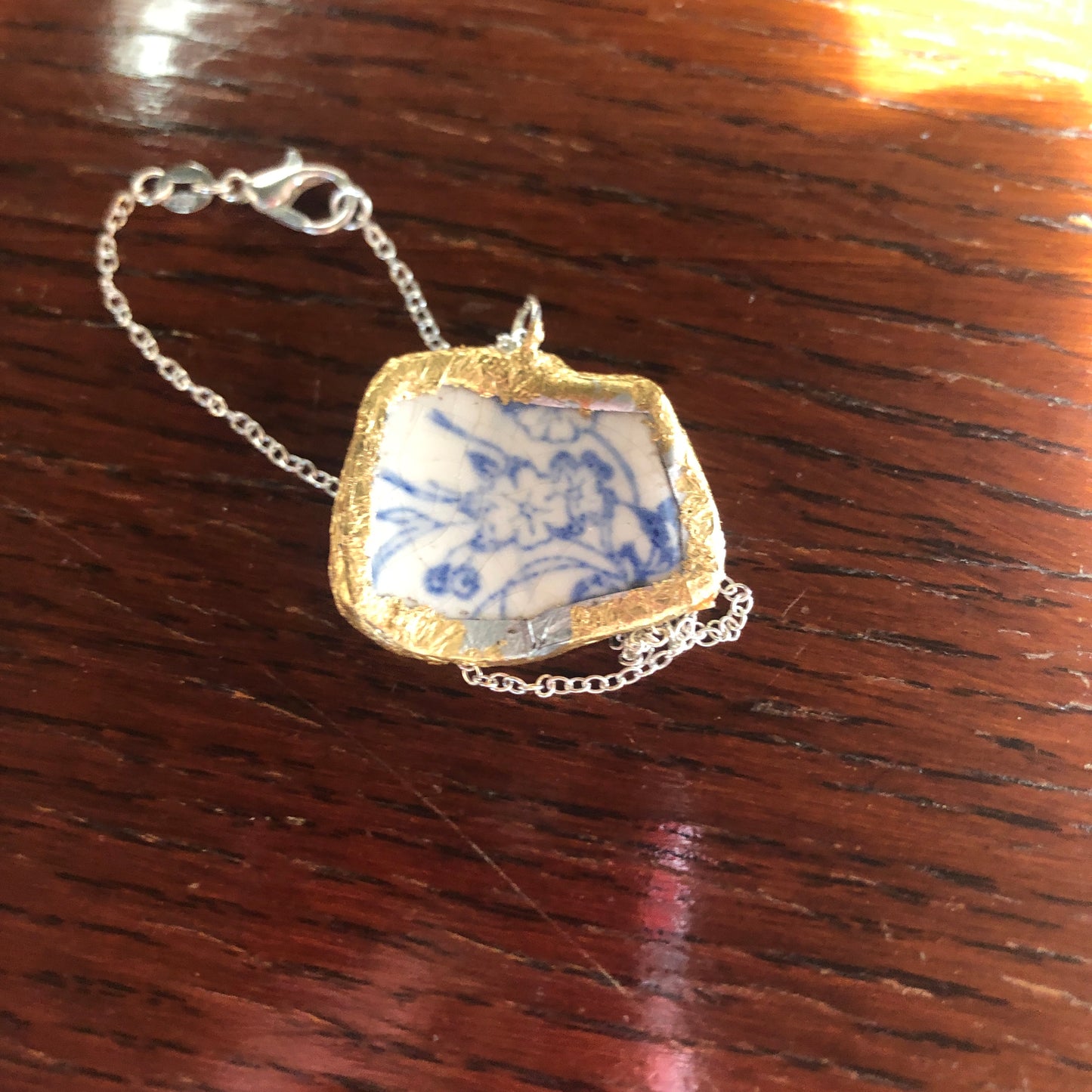 Broken Pottery Artisan Made Pendant Unbranded Blue Floral Plate Handcrafted Necklace 1.25 in x 1 in