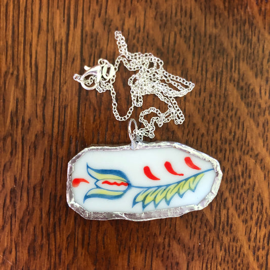 Broken Pottery Artisan Made Pendent Norcrest Hand Painted Plate Handcrafted Necklace 1in x 2in